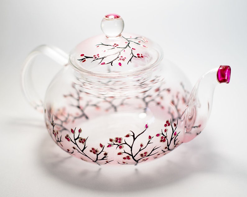 Personalized Glass Teapot Cherry Blossom, Unique Teapot Hand Painted Hostess Gift image 1