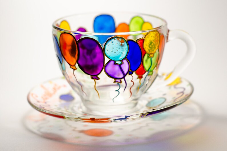 Colorful Balloon Birthday Tea Cup and Saucer Colorful Teacup Etsy