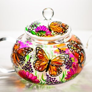 Glass Teapot Butterflies and Flowers, Hand Painted Tea Pot with Infuser, Personalized Grandma Gift image 3