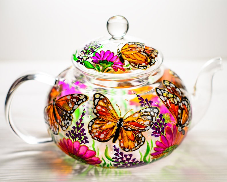 Glass Teapot Butterflies and Flowers, Hand Painted Tea Pot with Infuser, Personalized Grandma Gift image 3