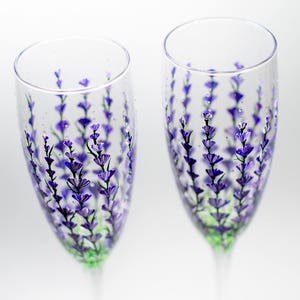 Personalized Champagne Flutes, Lavender Wedding Glasses Hand Painted Champagne Flutes Set of 2 Wedding Toasting Glasses image 6