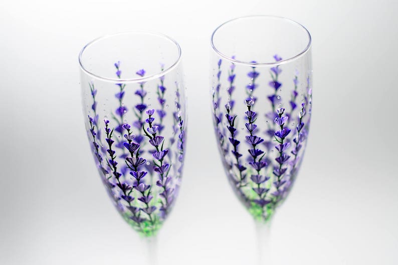 Personalized Champagne Flutes, Lavender Wedding Glasses Hand Painted Champagne Flutes Set of 2 Wedding Toasting Glasses image 6