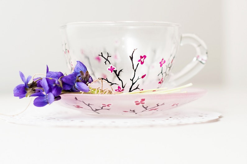 Personalized Grandma Gift, Tea Cup and Saucer Set, Cherry Blossom Teacup Set Personalized Gift for Mom image 5