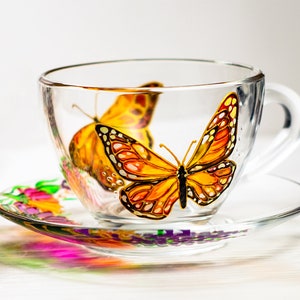 Butterfly Tea Set Women Personalized Tea Cup and Saucer, Monarch Butterflies and Flowers Cup