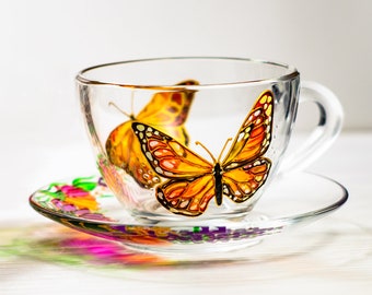 Tea Set Women Personalized Tea Cup and Saucer, Monarch Butterflies and Flowers Cup, Custom Christmas Gift Mom