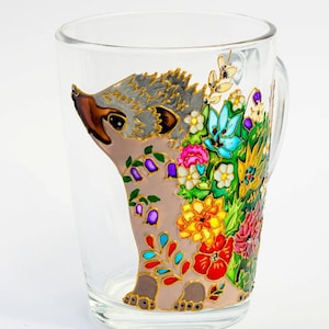 Hand Painted Hedgehog Mug: Floral Stained Glass Coffee Cup image 1