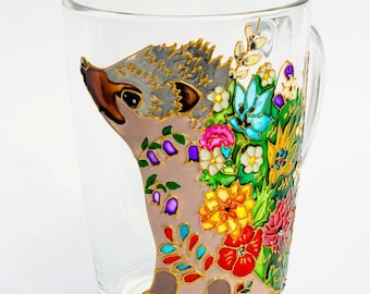 Tasse hérisson peinte à la main : tasse à café en verre teinté floral