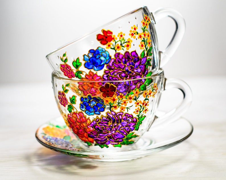 Tea Cups and Saucers Colorful Floral Tea Set 2 Cups With Etsy