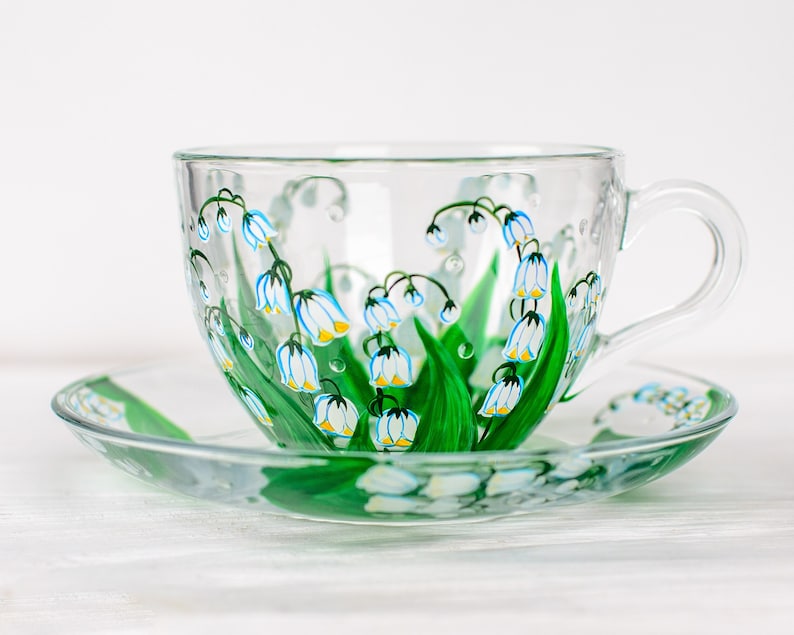 Lily of the valley teacup and saucer set, hand painted glass garden cup and saucer for tea party or afternoon tea.