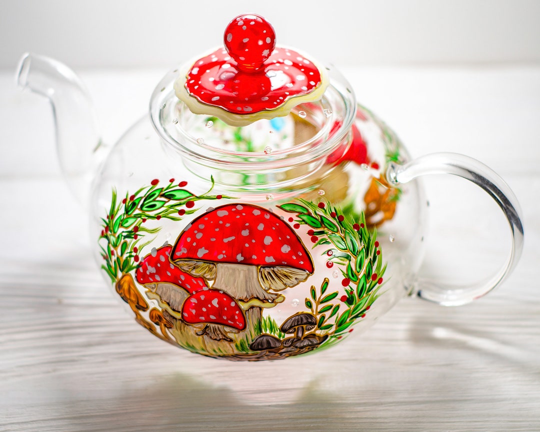 Mushroom Hand Painted Glass Teapot, Personalised Hand Painted Teapot