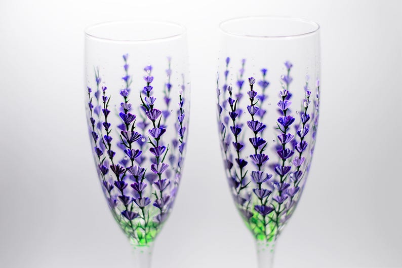 Personalized Champagne Flutes, Lavender Wedding Glasses Hand Painted Champagne Flutes Set of 2 Wedding Toasting Glasses image 7