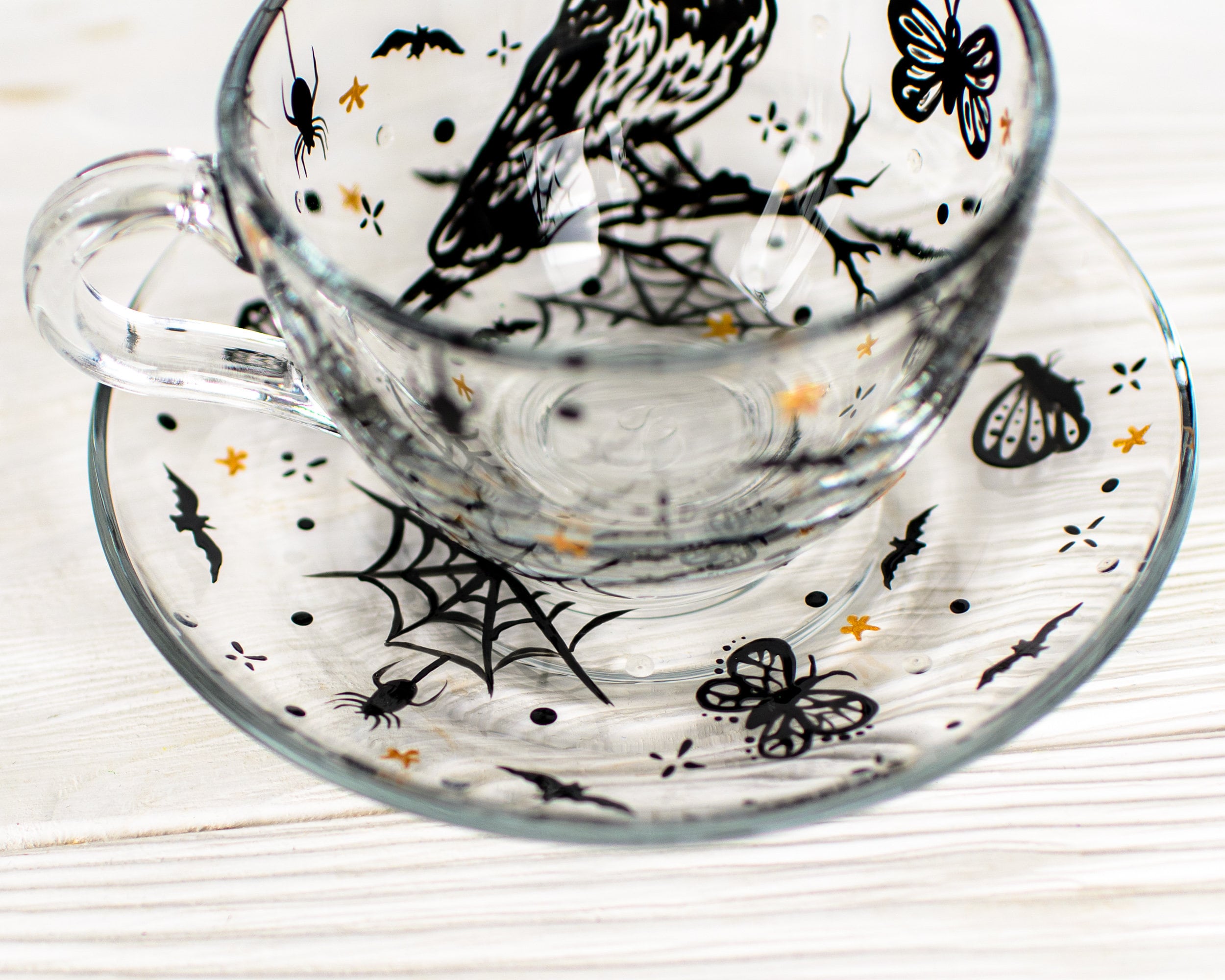 Gothic Tea Cup and Saucer Set, Black Raven Teacup
