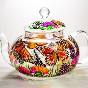 Glass Teapot Butterflies and Flowers, Hand Painted Tea Pot with Infuser, Personalized Grandma Gift image 6