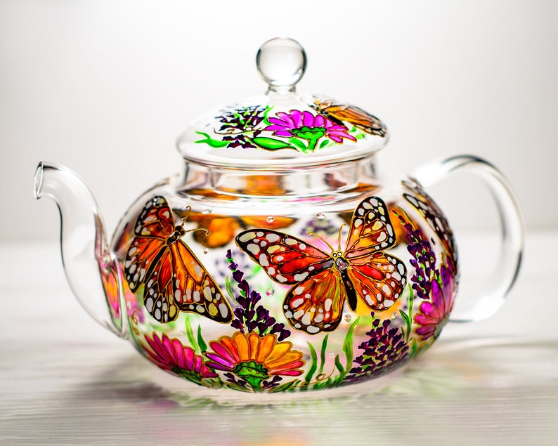 Glass Teapot Butterflies and Flowers, Hand Painted Tea Pot with Infuser, Personalized Grandma Gift image 6