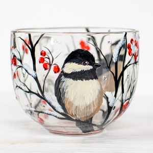 Personalized bird lover coffee cup with chickadee front view.