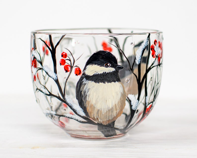 Personalized bird lover coffee cup with chickadee front view.