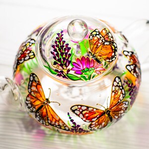 Glass Teapot Butterflies and Flowers, Hand Painted Tea Pot with Infuser, Personalized Grandma Gift image 9