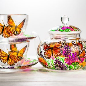 Hand Painted Butterfly Tea Set: Glass Teapot with Cups