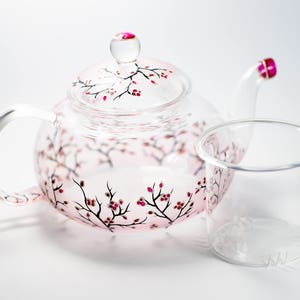 Personalized Glass Teapot Cherry Blossom, Unique Teapot Hand Painted Hostess Gift image 9