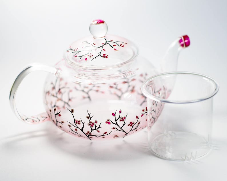 Personalized Glass Teapot Cherry Blossom, Unique Teapot Hand Painted Hostess Gift image 9