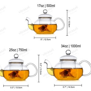 May include: Three glass teapots with infusers, shown in different sizes: 17 ounces (500 ml), 25 ounces (750 ml), and 34 ounces (1000 ml). Each teapot has a clear glass body, a lid with a knob, and a handle.