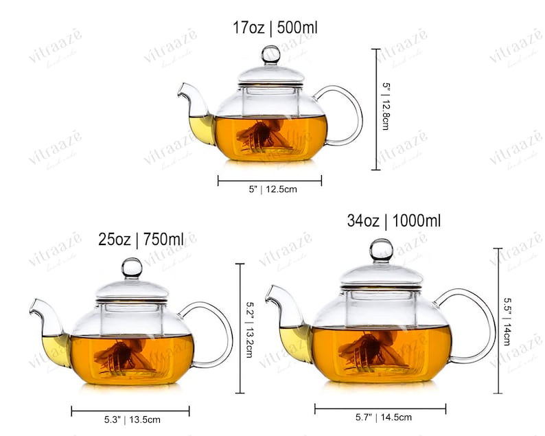 May include: Three glass teapots with infusers, shown in different sizes: 17 ounces (500 ml), 25 ounces (750 ml), and 34 ounces (1000 ml). Each teapot has a clear glass body, a lid with a knob, and a handle.