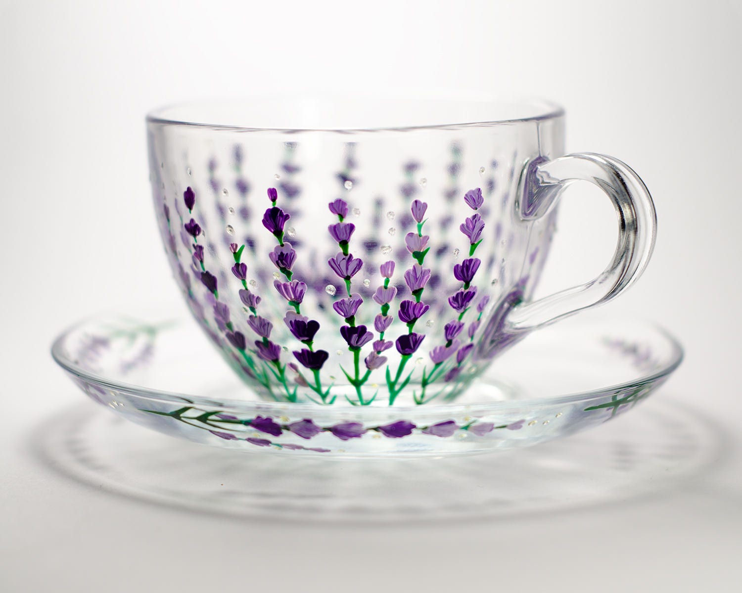 Lavender Tea Cup & Saucer Set, Flower Hand Painted Glass Cup Gift for Her,  Provence Home Decor and Tableware 