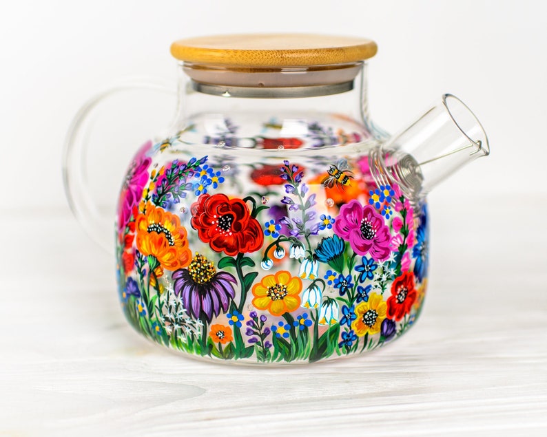 wildflowers teapot glass hand painted