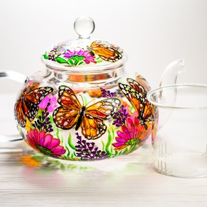 Glass Teapot Butterflies and Flowers, Hand Painted Tea Pot with Infuser, Personalized Grandma Gift image 10