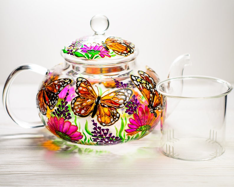 Glass Teapot Butterflies and Flowers, Hand Painted Tea Pot with Infuser, Personalized Grandma Gift image 10