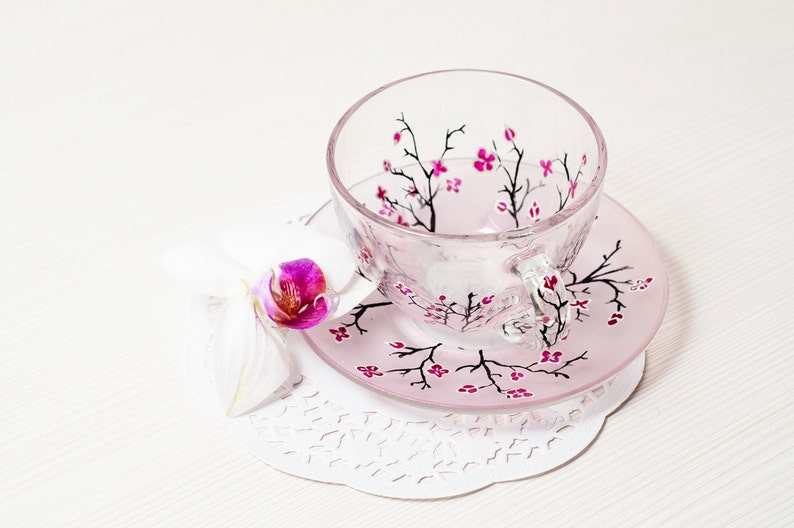 Personalized Grandma Gift, Tea Cup and Saucer Set, Cherry Blossom Teacup Set Personalized Gift for Mom image 3