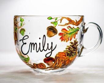 Cottagecore Autumn Glass Mug, Hand Painted Woodland Coffee Cup, Nature Lover Gift