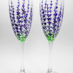 Personalized Champagne Flutes, Lavender Wedding Glasses Hand Painted Champagne Flutes Set of 2 Wedding Toasting Glasses image 2