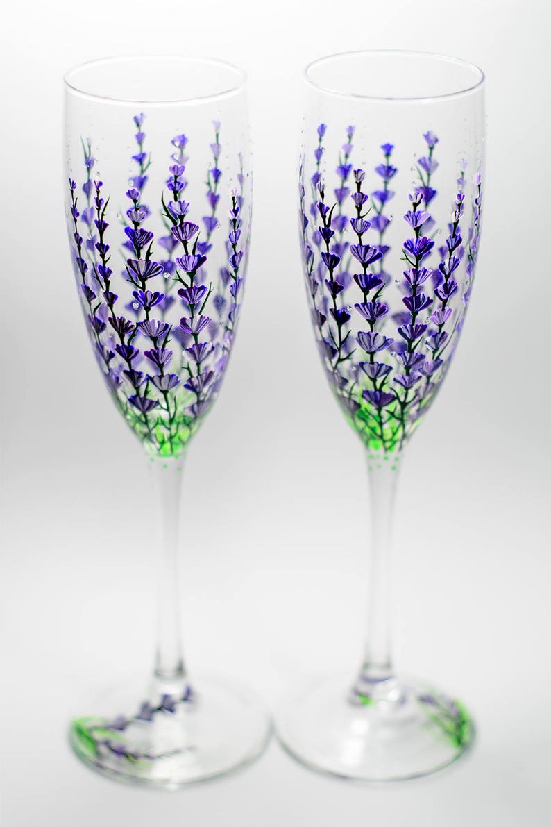 Personalized Champagne Flutes, Lavender Wedding Glasses Hand Painted Champagne Flutes Set of 2 Wedding Toasting Glasses image 2