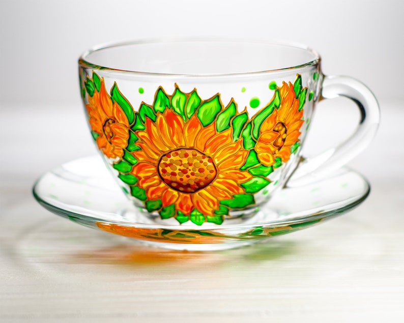 Personalized Sunflower Tea Set, Flowers Tea Cup and Saucer Set, Personalized Mothers Day Gift image 1