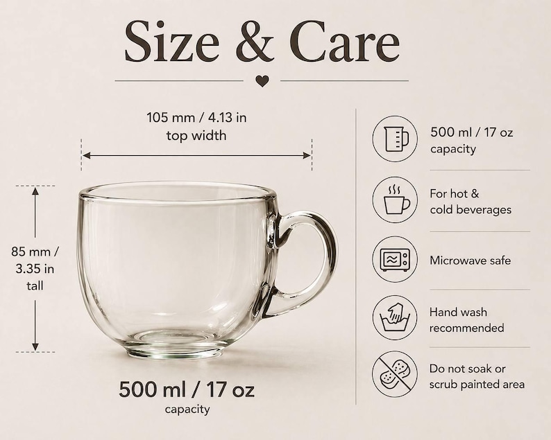 May include: A clear glass mug with a handle, 3.35 inches tall and 4.13 inches wide, with a 17 oz capacity. The mug is microwave safe and recommended for hand washing. The text "Size & Care" is at the top.
