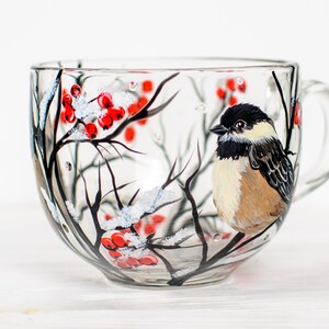 Chickadee cup with large bird portrait and winter branches.
