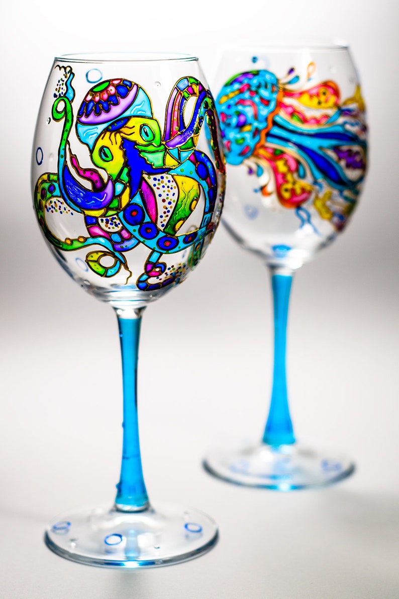Bridesmaid Glasses is Personalized Wine Glasses Ocean Themed Octopus and Jellyfish Stem Wine Glasses