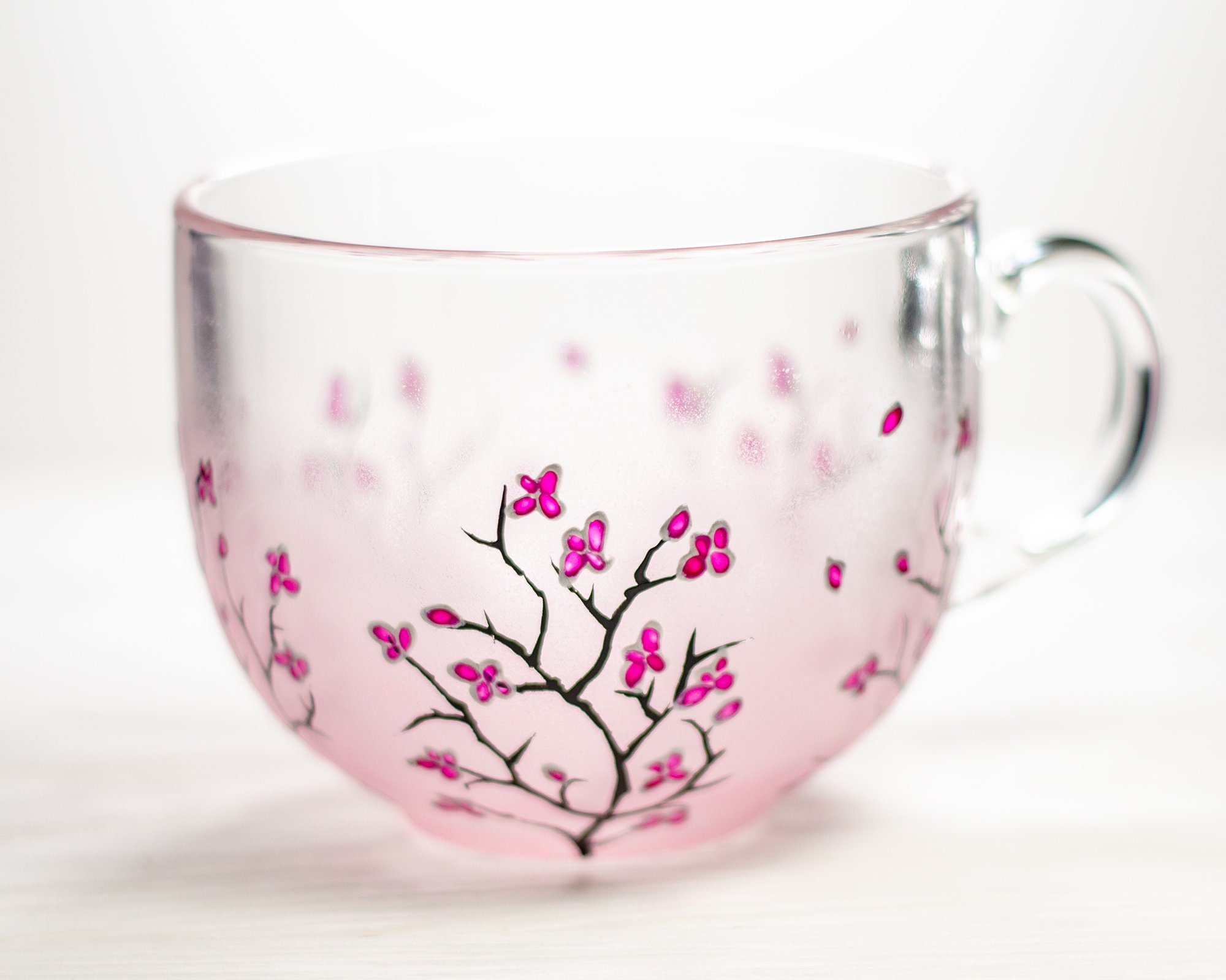 Cherry Blossom Painted Glass Mugs  Unique Glass Coffee Mugs – Jersey Art  Glass