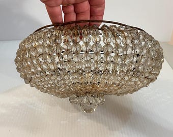 Vtg Art Deco Beaded Crystal Flush Mount Ceiling Light Cover Shade Chandelier