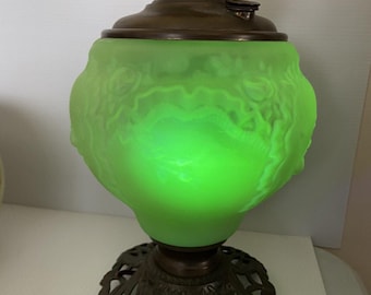 Antique HTF Uranium Vaseline Embossed Green Glass Success Oil Lamp Converted