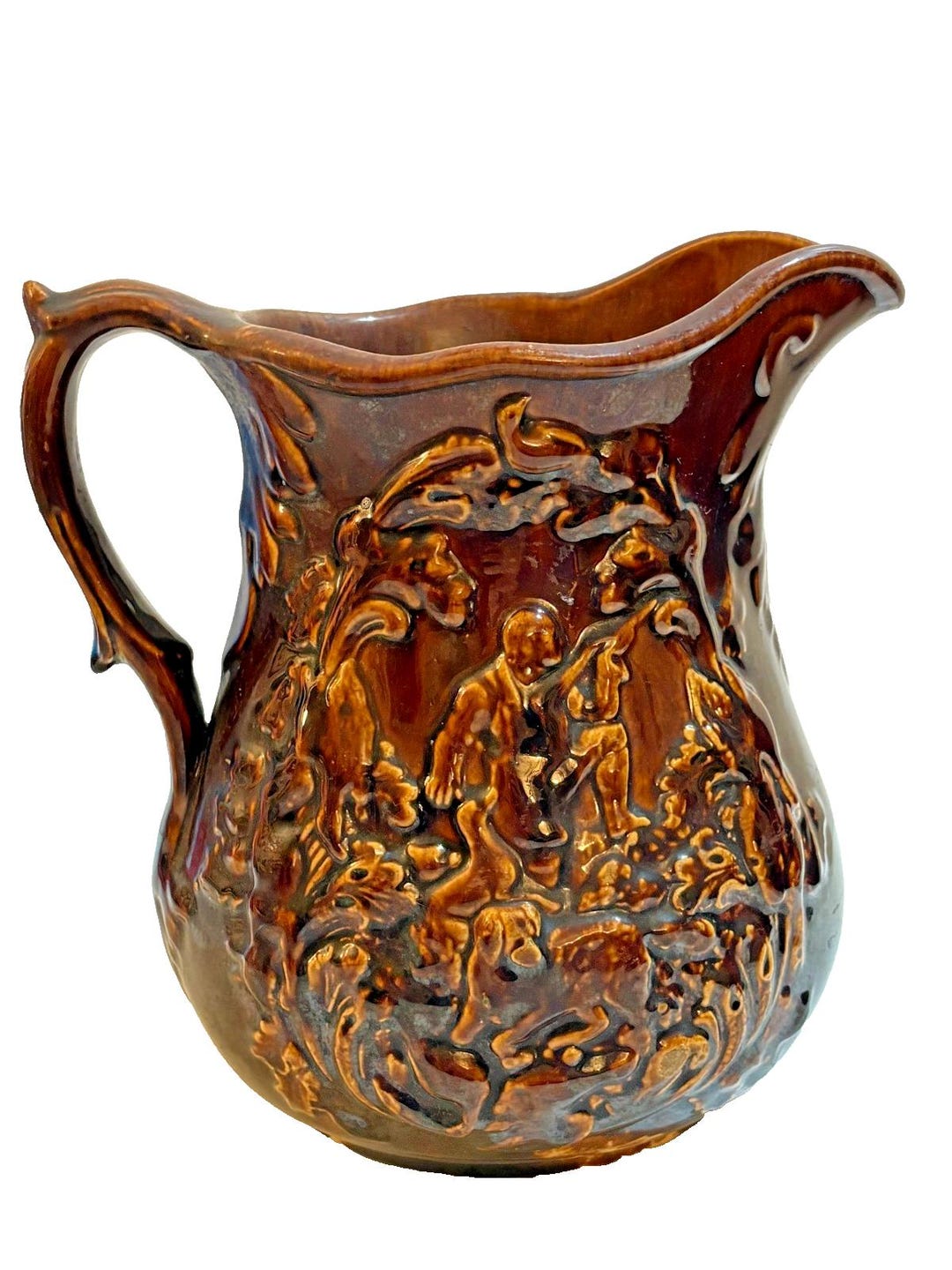 Antique Rockingham Raised Relief Hunter W Dog Scene Brown Pottery ...
