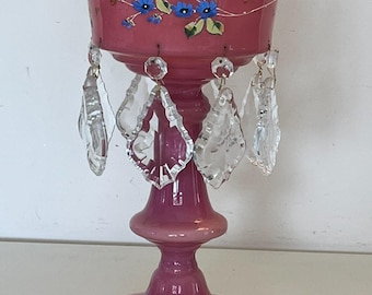 Antique Victorian Pink Glass Hand Painted MANTLE LUSTER LAMP Enamel Prisms