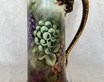 Antique PORCELAIN DRAGON HANDLE Ruffled Top Tankard Jug Grapes 13" Bavaria