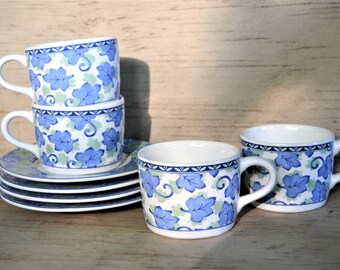 PFALTZGRAFF Cup Saucer Set of Four Blue Leaf Coffee Cups Matching Saucers Blue Isle Pattern