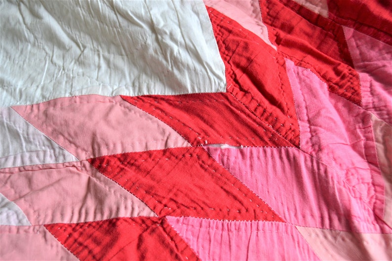 HANDMADE QUILT Queen Size Star Pattern White with Bright Colors Retro Quilt Bedding