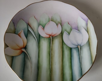 Porcelain plate with pastel tulips gilded edges