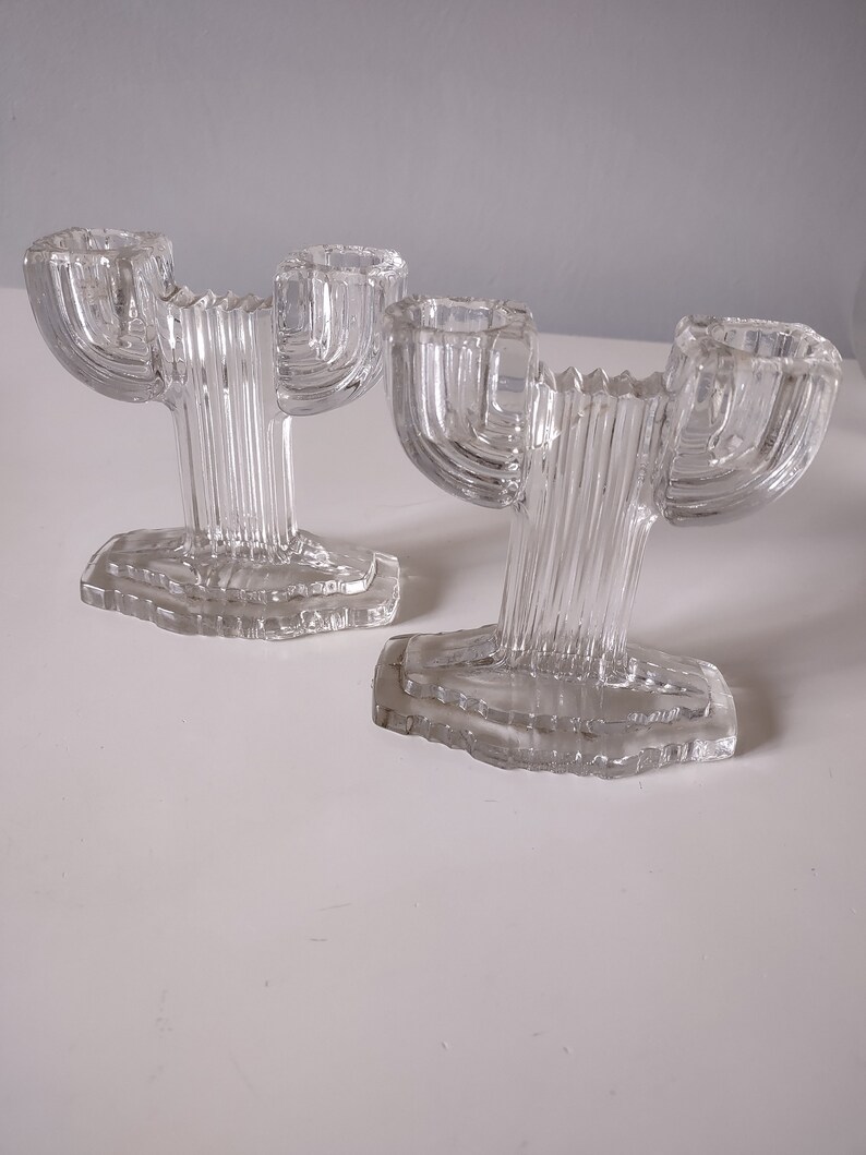 Glass Candlestick Holders Art Deco Set of Two image 4