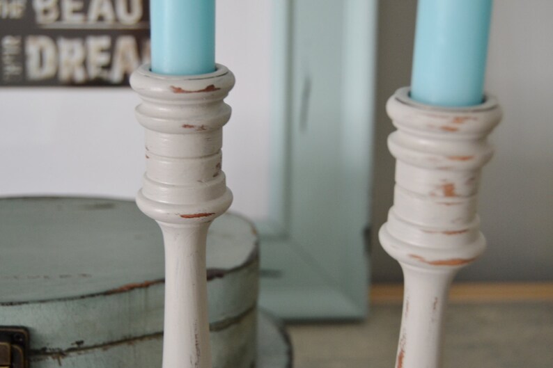 CANDLESTICKS Upcycled Shabby Light Grey Distressed Etsy
