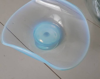 AQUA VASELINE GLASS Dish Curled Edge Candy Dish Lit From Within Blue